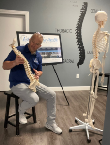 Bowie Chiropractic professional holding a bone model beside a skeleton